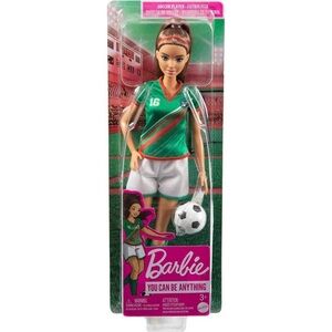 Barbie Soccer Player Brunette Ponytail, #16 Uniform, Tall Socks, Cleats & Ball